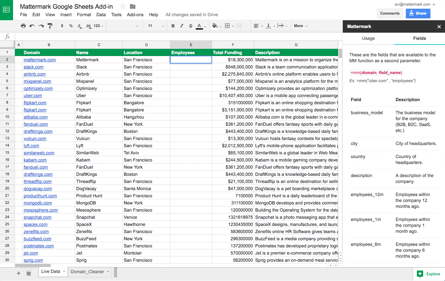 Mattermark Google Sheets Add-in